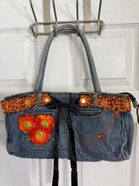 Denim JEAN purse w/  Orange beaded- mirrored belt with floral  Accents